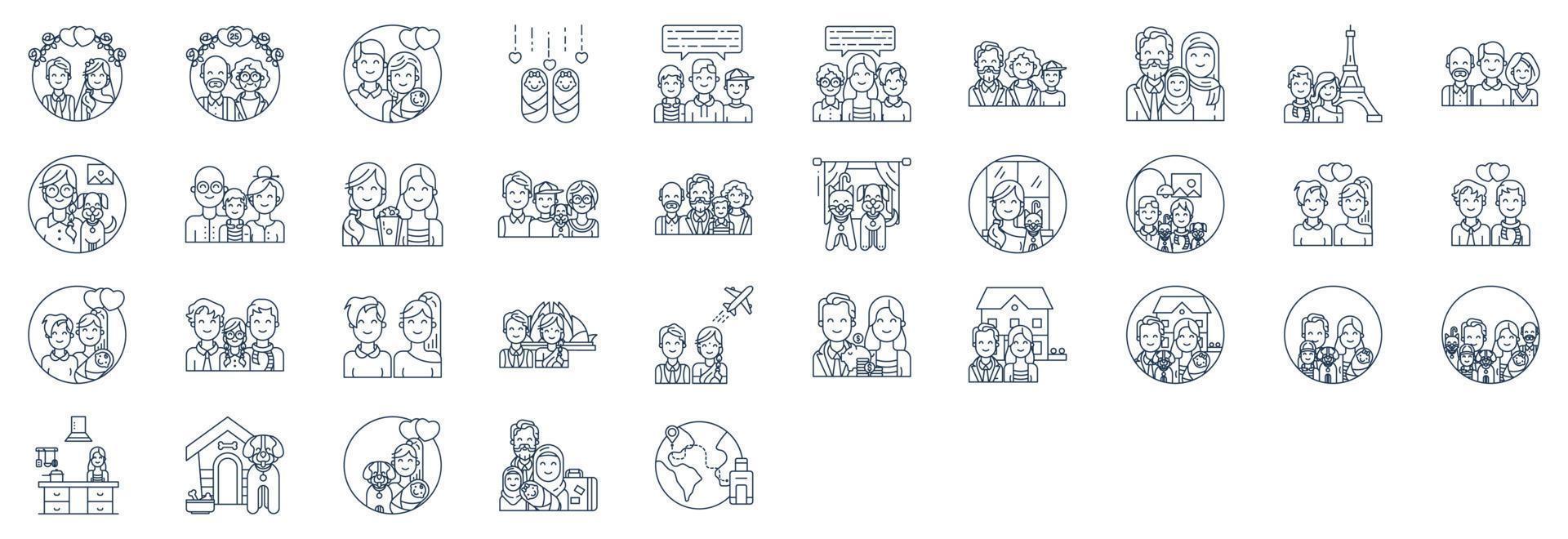 coleção de ícones relacionados a membros da família, incluindo ícones como pai, mãe, tio, tia, filho, criança e muito mais. ilustrações vetoriais, conjunto perfeito de pixels vetor