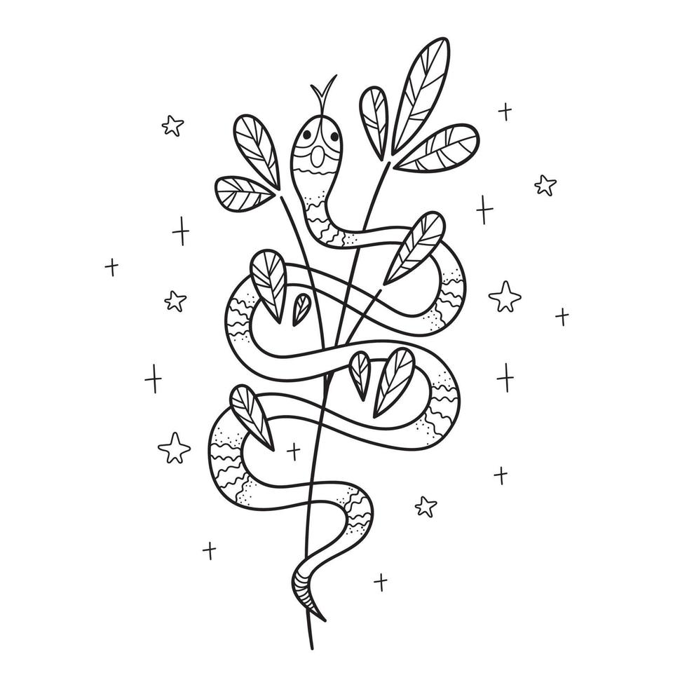 ilustração de serpente mística em estilo boho com galho e folhas. cobra desenhada de mão. criatura mítica do conceito de fantasia, elementos esotéricos. ilustração vetorial isolada no fundo branco. vetor