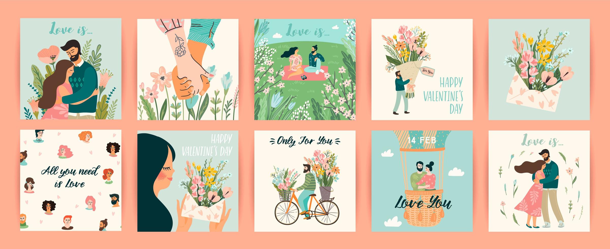 conjunto de designs românticos para cartões de dia dos namorados vetor