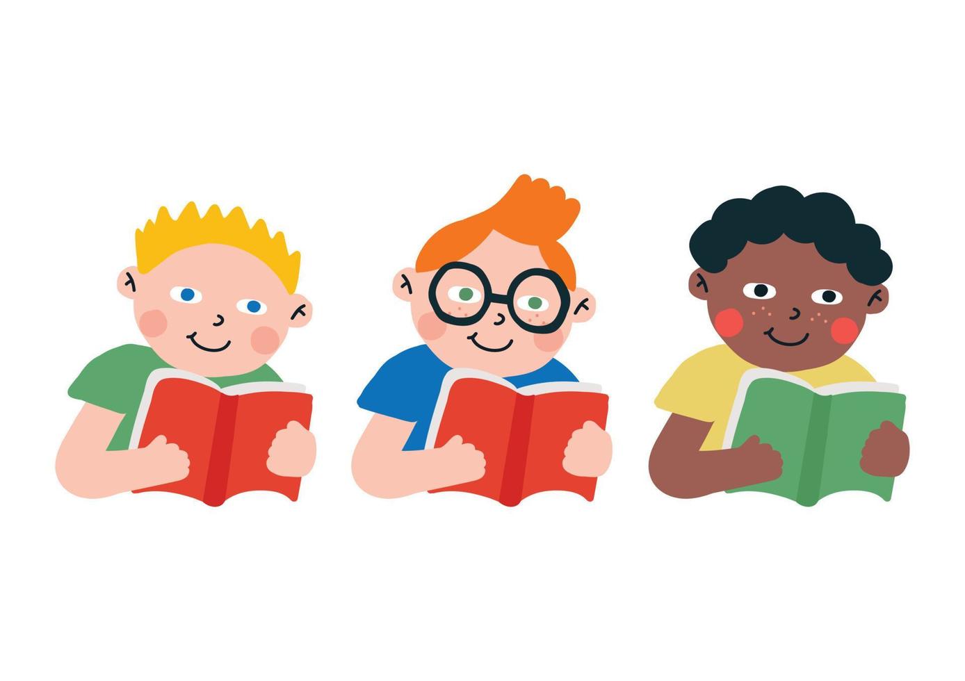 meninos de árvore lendo livro conjunto de design de personagens para crianças vetor