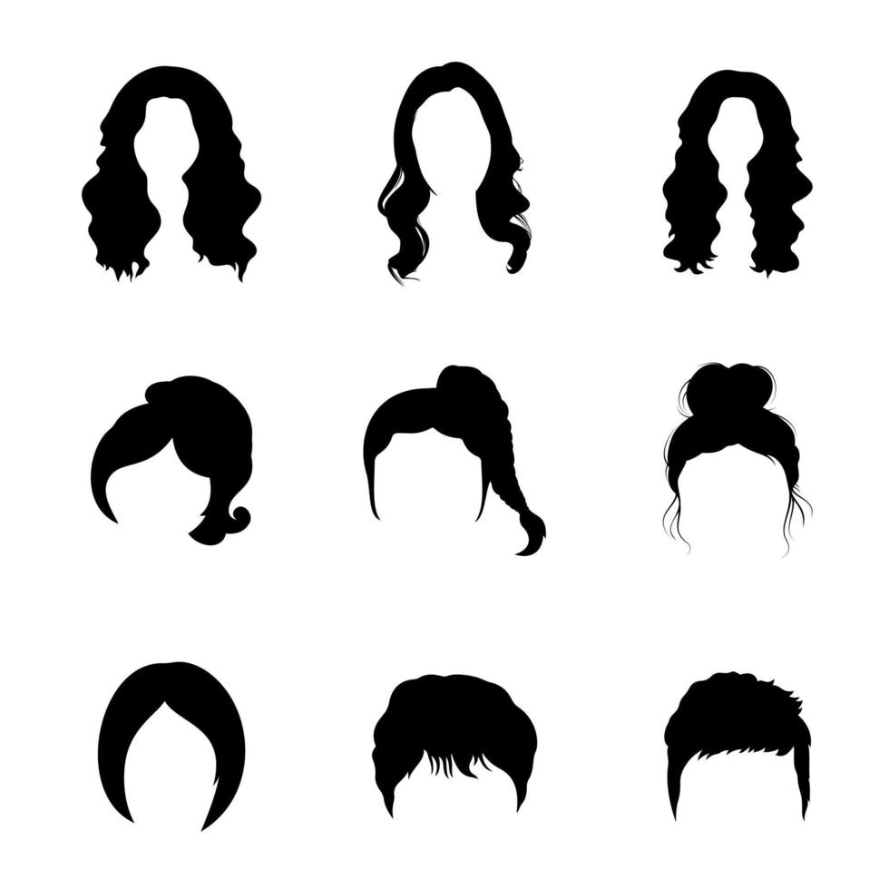 conjunto de cabelo feminino - corte de cabelo curto, médio e longo - vetor de silhueta - meninas de penteado encaracolado