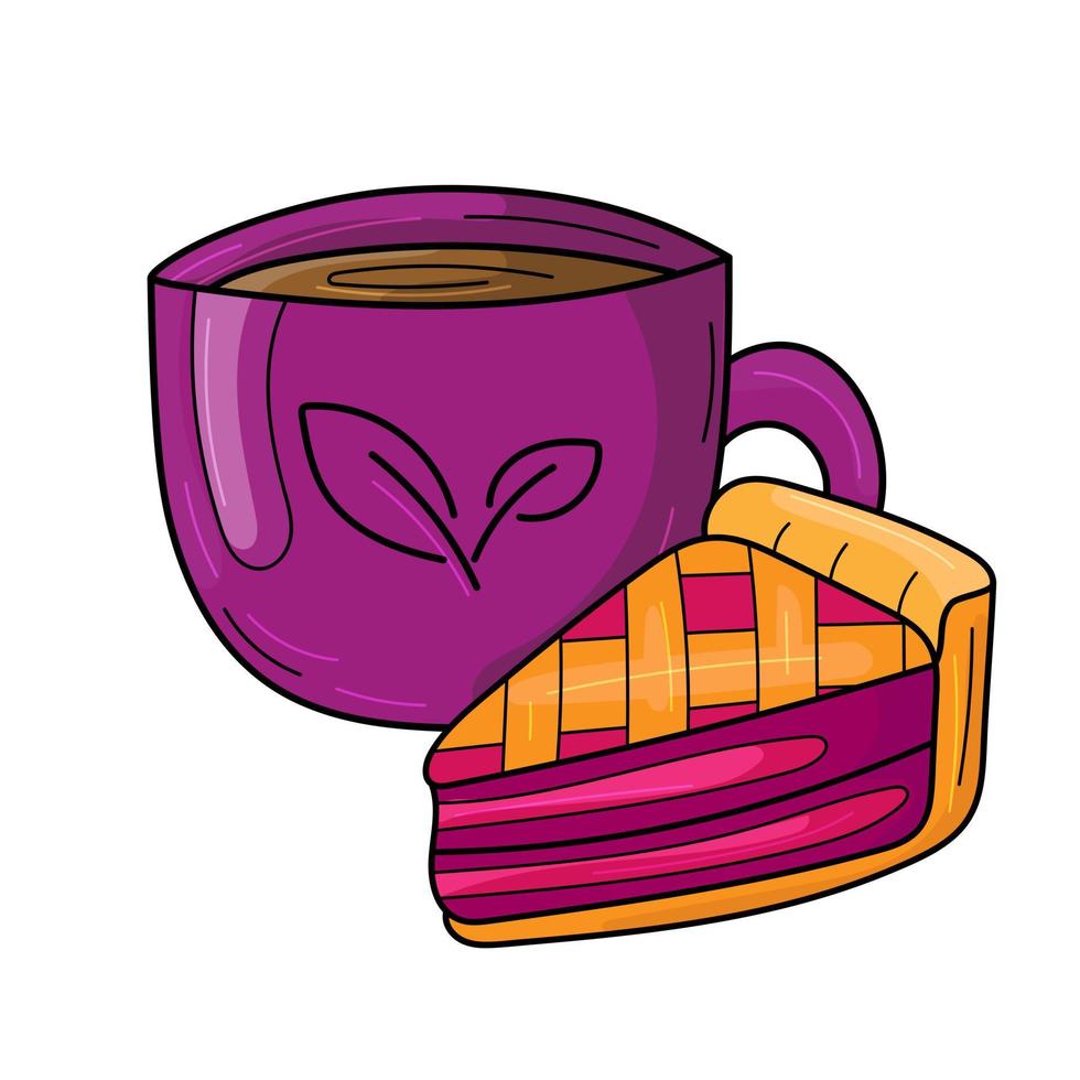 sobremesa com frutas e uma xícara de chá. imagem bonito dos desenhos animados em branco. clima de outono. cores brilhantes vetor