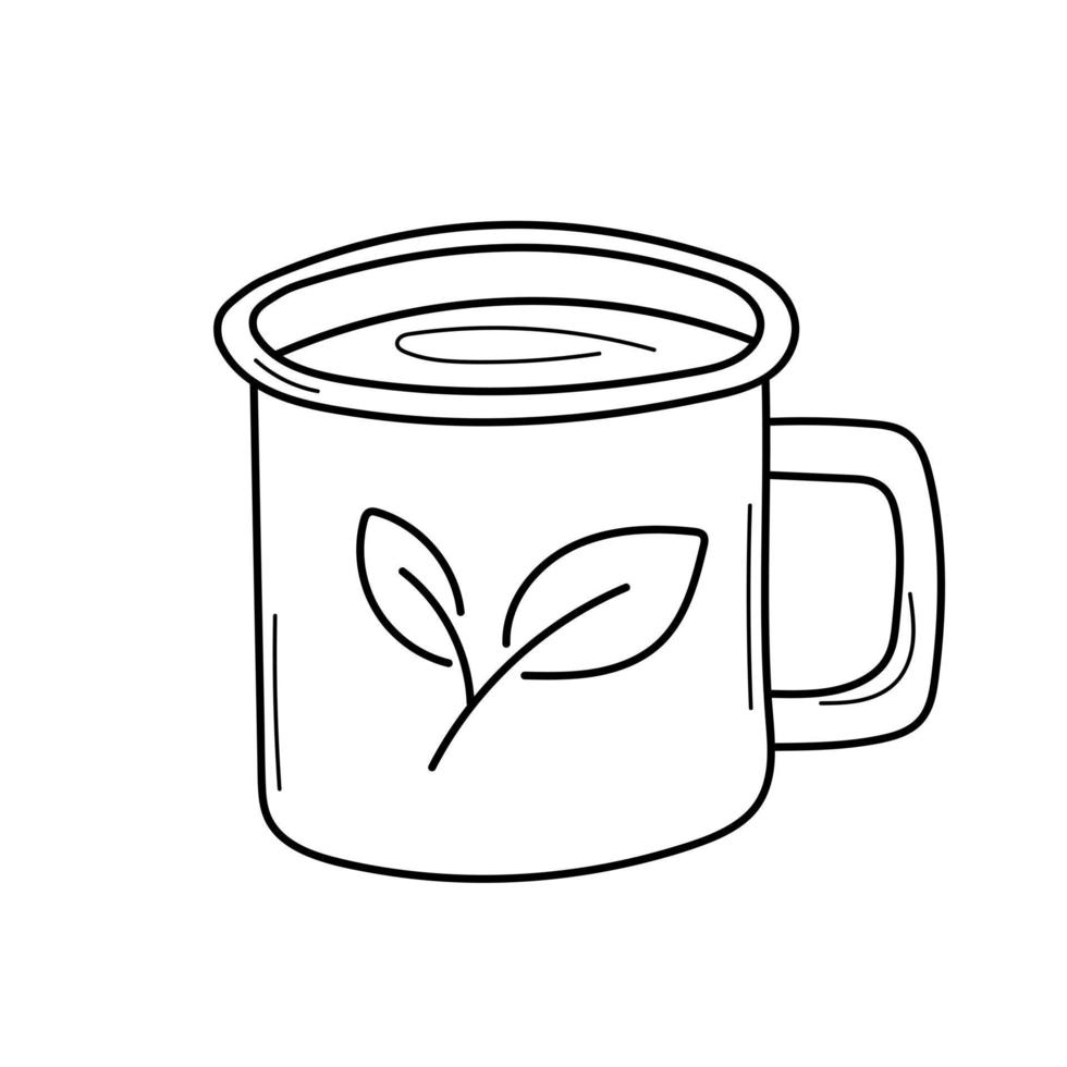 xícara de café ou chá - livro para colorir. jogo para crianças. ilustração vetorial dos desenhos animados em branco. desenho de uma folha em um copo. clima de outono. vetor