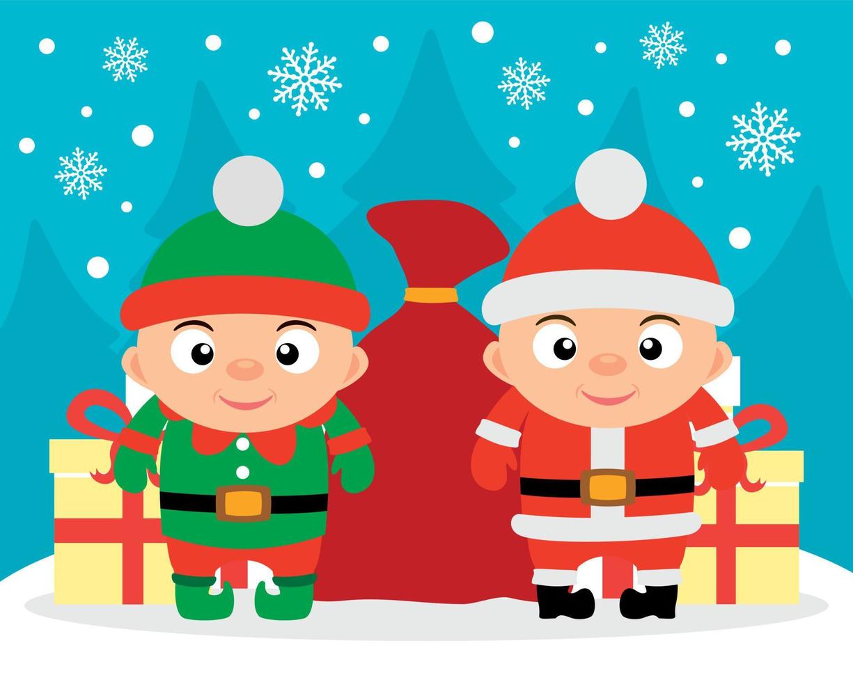 cartão de feliz ano novo com menino papai noel e menino elfo vetor