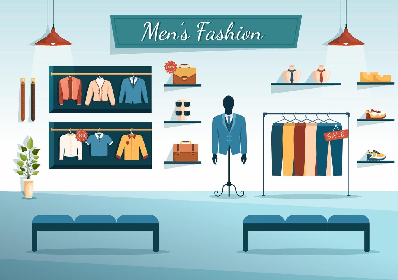 homens da moda e roupas de homem elegante em boutique interior ou loja de roupas para fazer compras na ilustração de modelos desenhados à mão de desenhos animados planos vetor