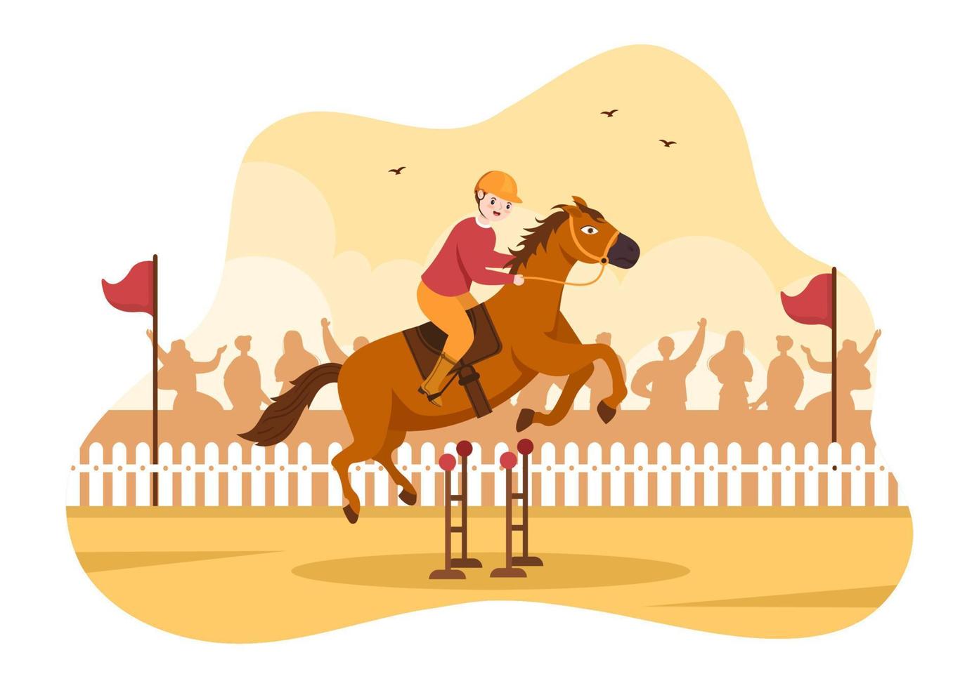 competição de corridas de cavalos em um hipódromo com esporte de desempenho equestre e cavaleiro ou jóqueis na ilustração de modelos desenhados à mão de desenhos animados planos vetor