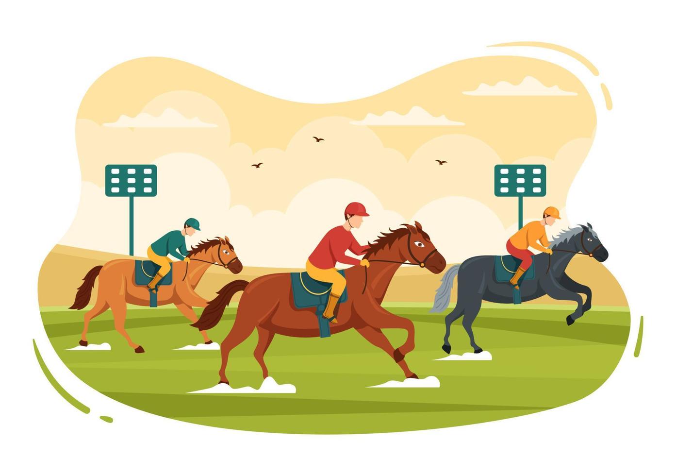 competição de corridas de cavalos em um hipódromo com esporte de desempenho equestre e cavaleiro ou jóqueis na ilustração de modelos desenhados à mão de desenhos animados planos vetor