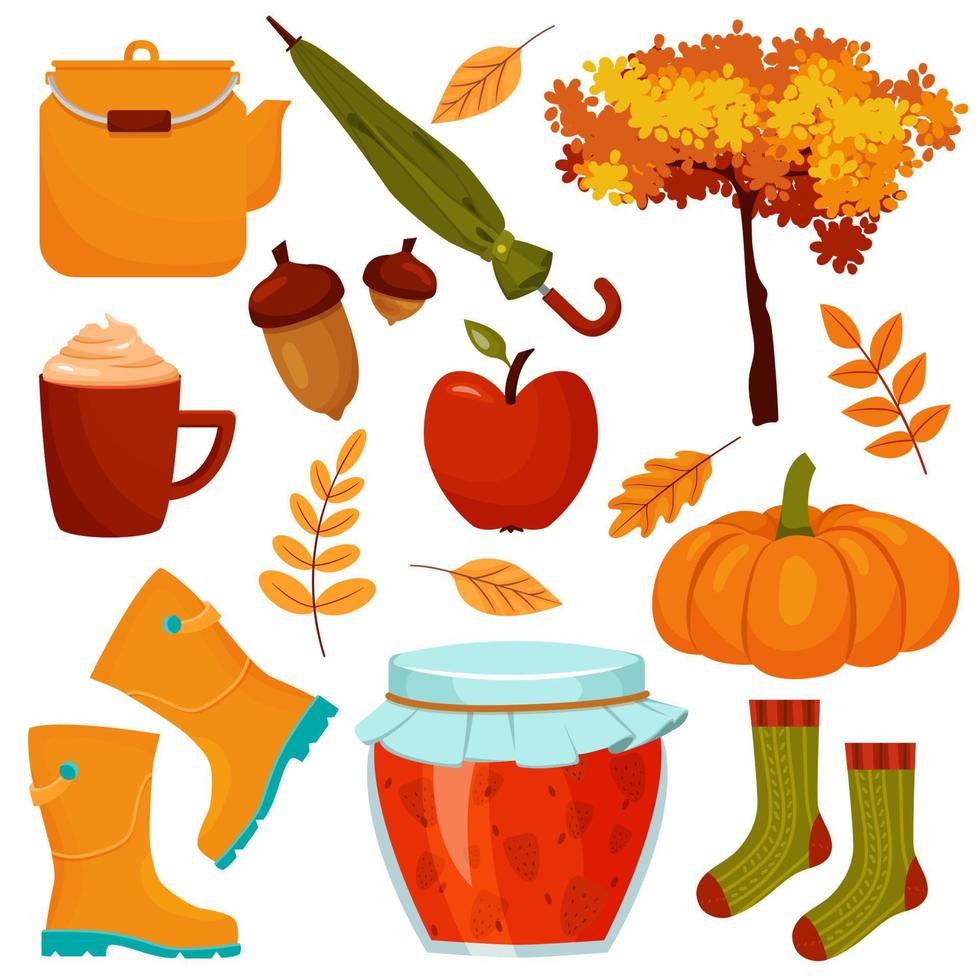 outono conjunto com diferentes elementos isolados de botas, folhas, guarda-chuva, meias e abóbora. vector clipart colorido para design de outono de cartões postais, banners ou adesivos.