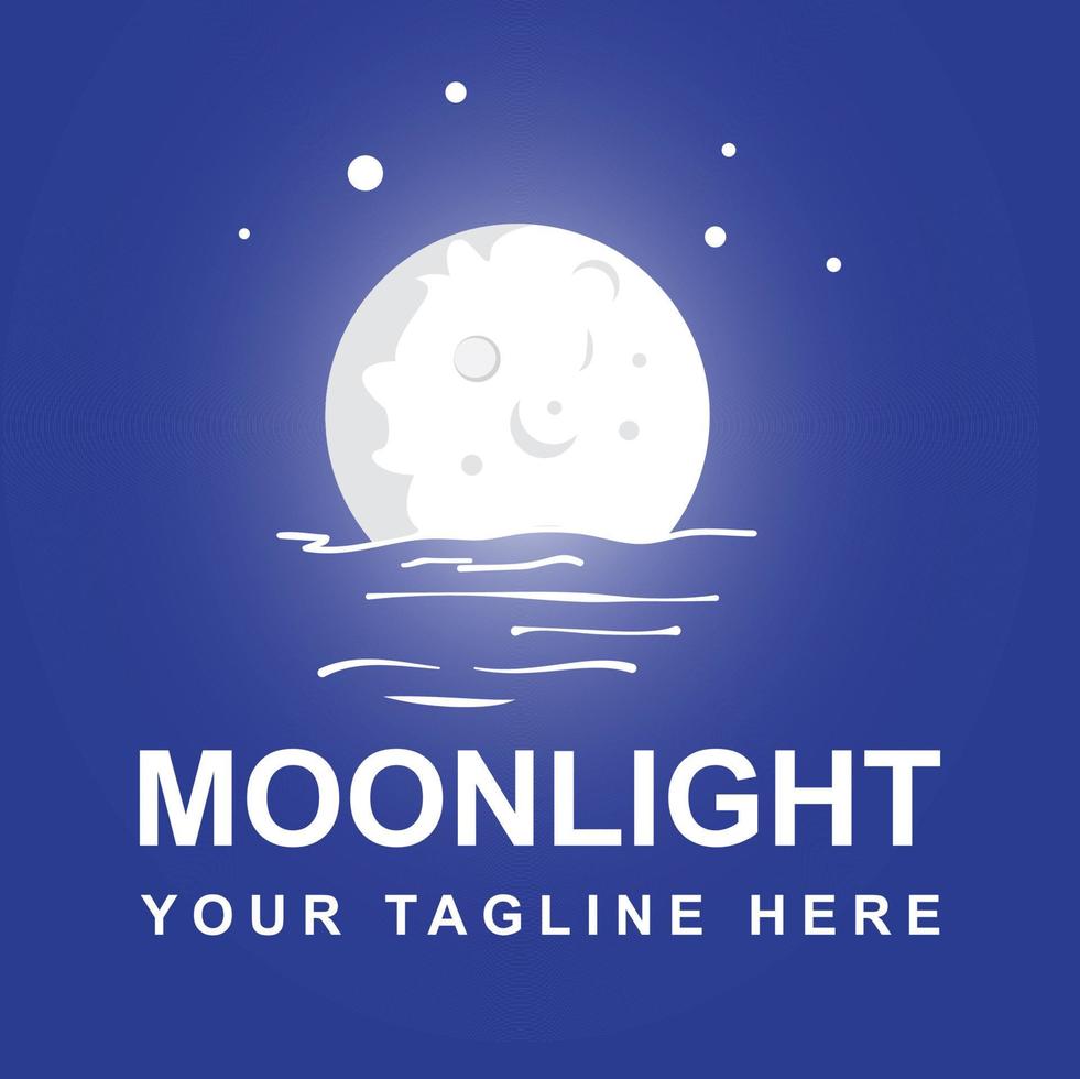 Moonlight logo design template-moonlight logo vector fundo de noite. fase da lua. lua minguante com estrelas, água, mar.