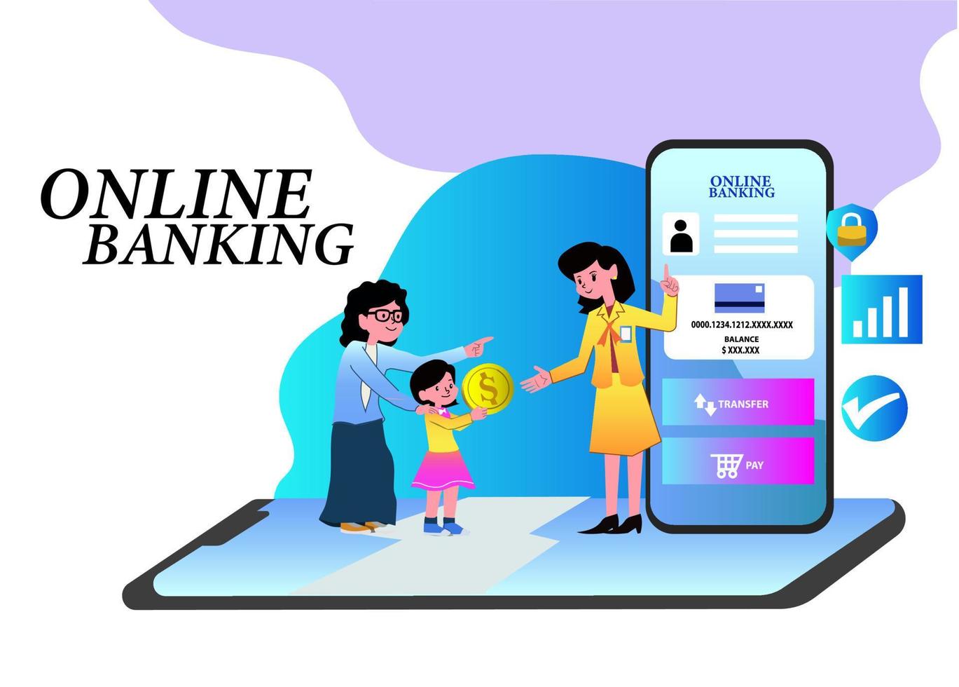 ilustração do conceito de banco móvel de pessoas que usam telefones inteligentes para operações bancárias com transações online e símbolos bancários vetor
