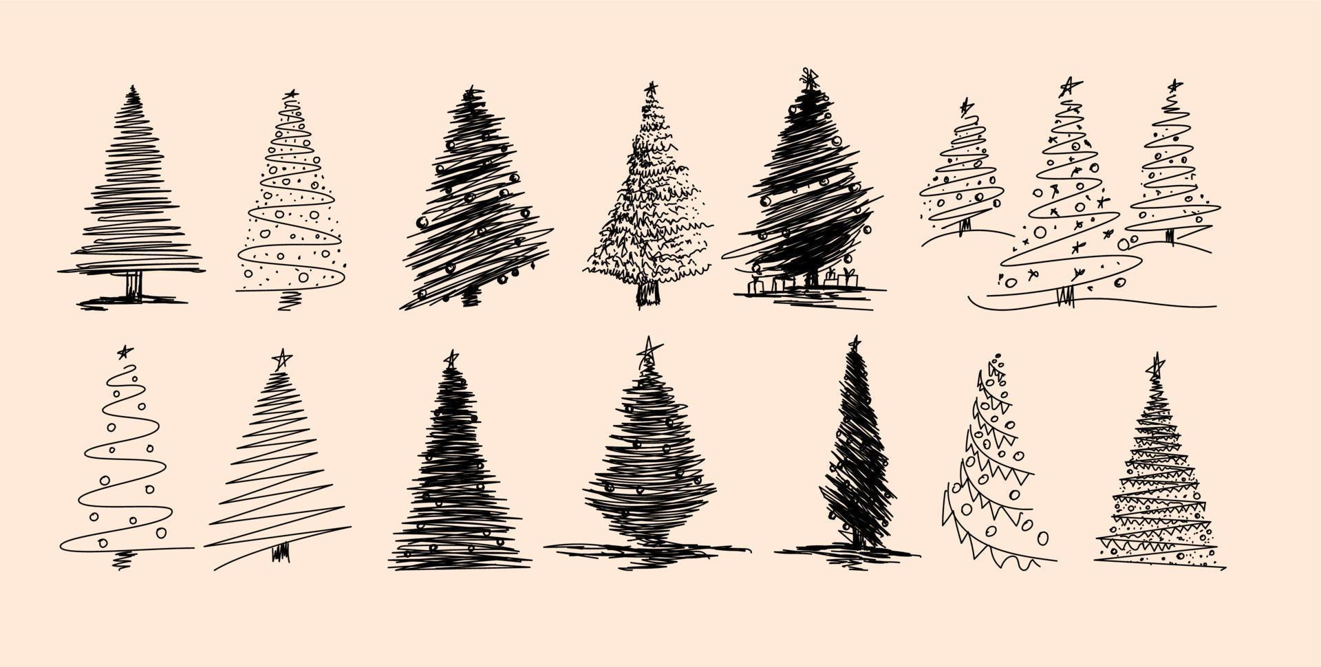 conjunto de silhuetas de pinheiros estilizados. ilustração vetorial. conjunto de vetores desenhados à mão de árvore de natal de tipo diferente, conjunto de pinheiro de tipo diferente de estilo de desenho.