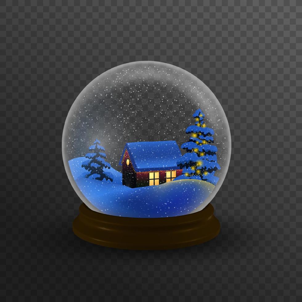 globo de paisagem de inverno de natal com montanhas de floresta de casa de neve e estrelas dentro de ilustração vetorial isolada. vetor