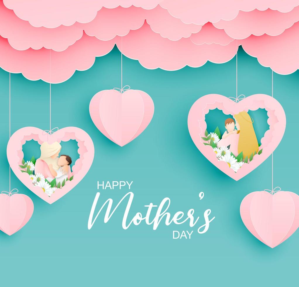 cartaz ou banner do dia das mães feliz com a mãe abraçando seu bebê em estilo de corte de papel. modelo de promoção de compras para o dia das mães. arte de papel artesanal digital vetor