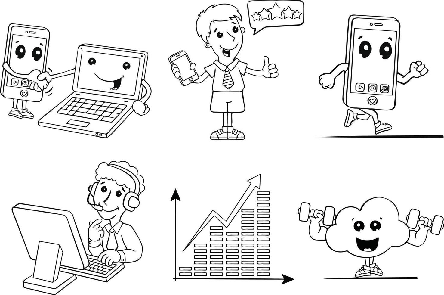 conjunto de ícones computador telefone comunicação desenhada à mão ícone vetor