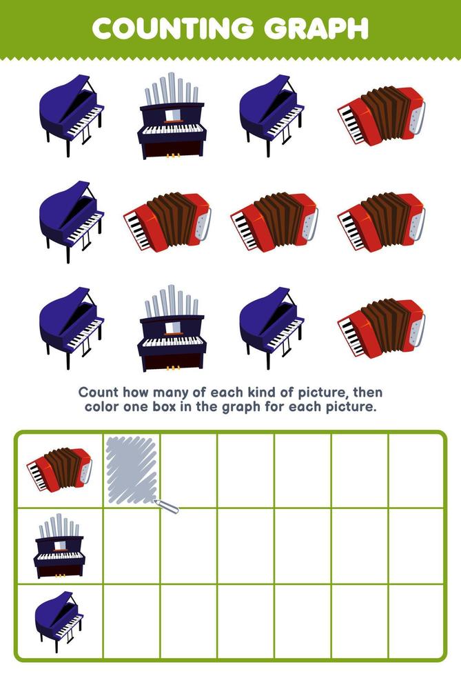 jogo de educação para crianças contar quantos piano de órgão acordeão de desenho animado bonito e depois colorir a caixa na planilha de instrumento de música para impressão gráfica vetor