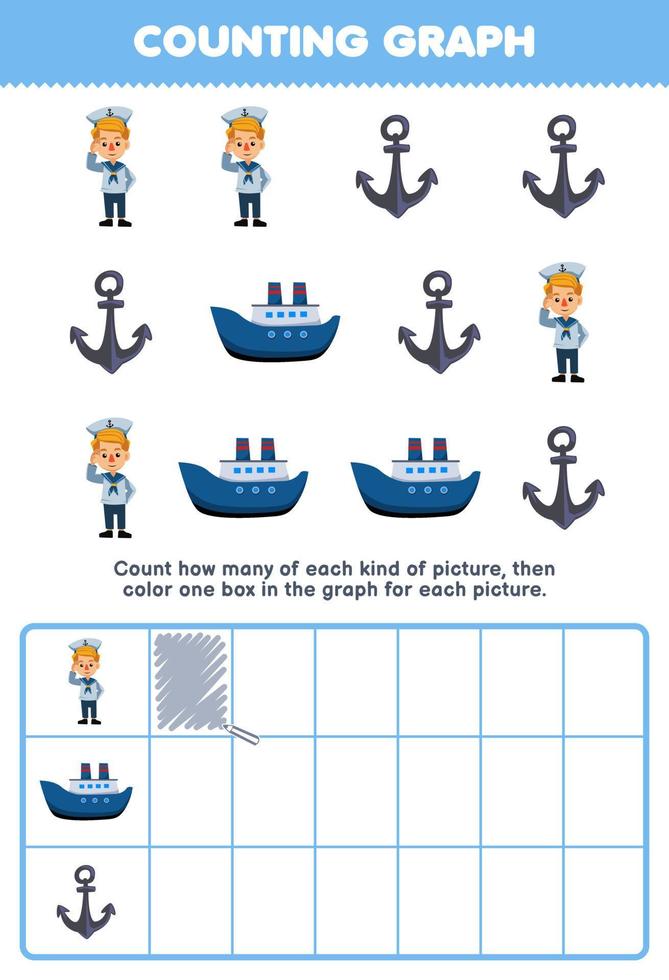 jogo de educação para crianças contar quantos barcos de âncora de marinheiro de desenho animado e colorir a caixa na planilha de profissão imprimível do gráfico vetor