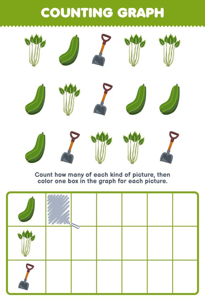 jogo de educação para crianças contar quantas enxadas de aipo de pepino de desenho animado e colorir a caixa na planilha de vegetais imprimível do gráfico vetor