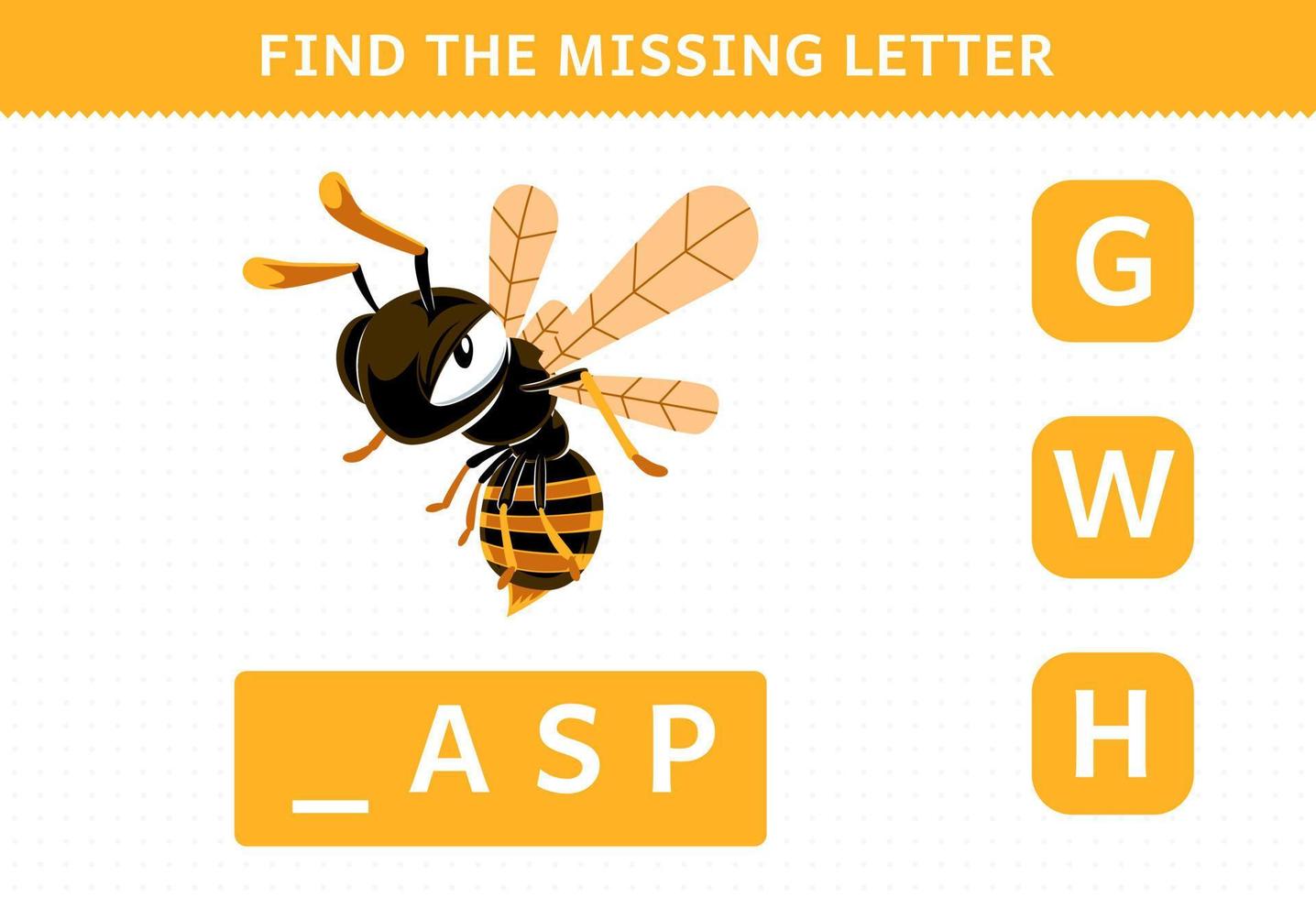 jogo de educação para crianças encontra carta faltante de planilha de bug para impressão de vespa de desenho animado fofa vetor