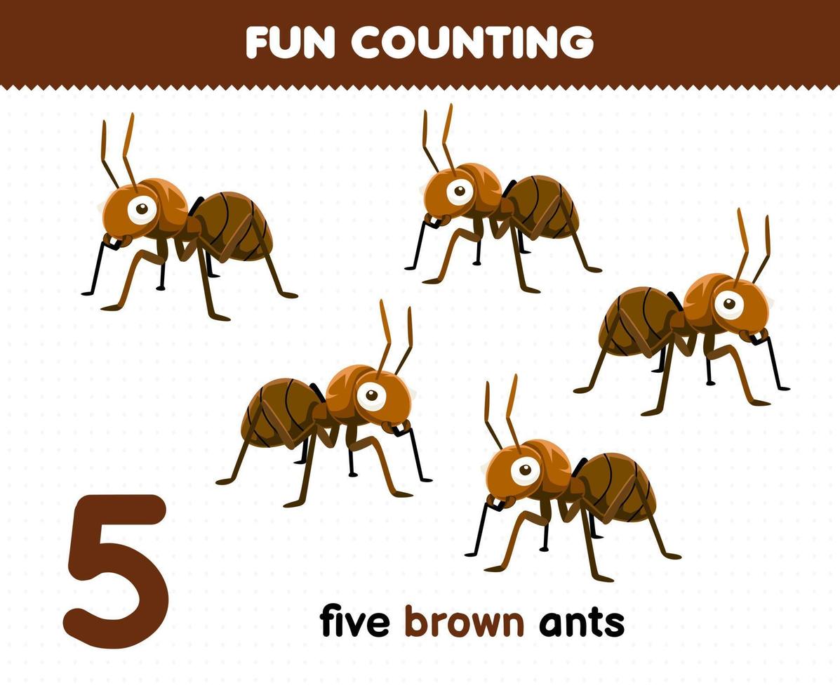 jogo educativo para diversão infantil contando cinco formigas marrons planilha de bug imprimível vetor