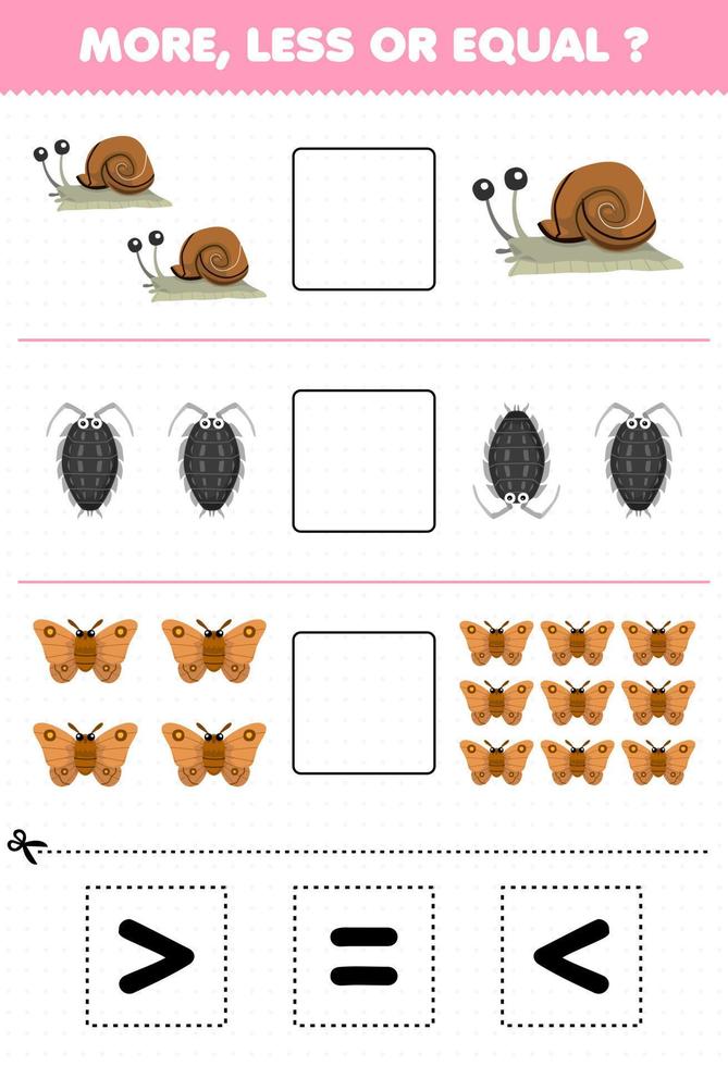 jogo de educação para crianças mais menos ou igual conte a quantidade de mariposa de piolho de caracol bonito dos desenhos animados, em seguida, corte e cole a planilha de bug de sinal correto vetor