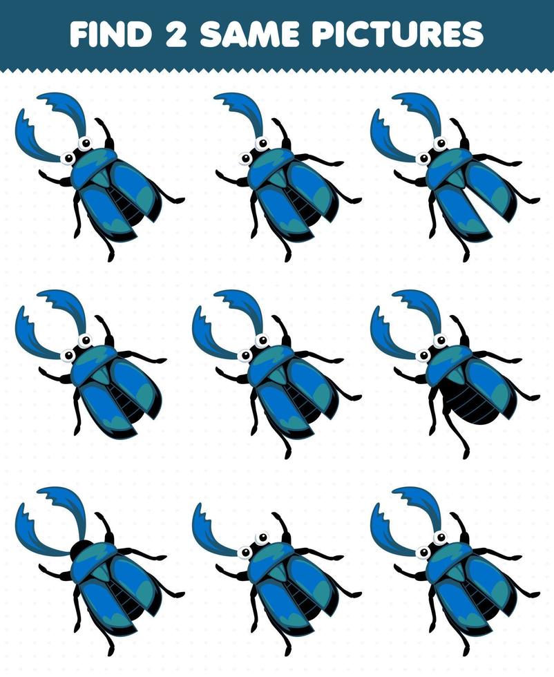 jogo de educação para crianças encontrar duas mesmas fotos de planilha de bug para impressão de besouro azul bonito dos desenhos animados vetor