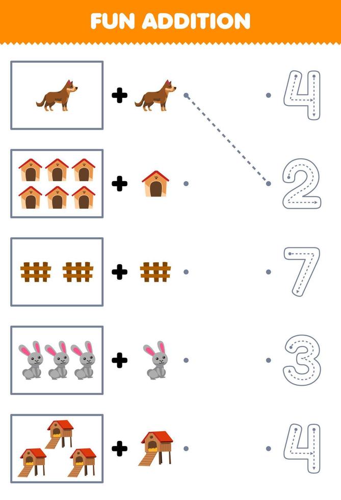 jogo de educação para crianças adição divertida de cerca de canil de cachorro de desenho animado coelheira e escolha o número correto rastreando a planilha de fazenda de linha vetor