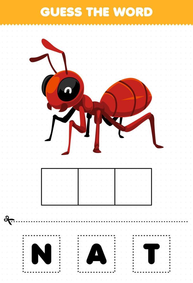 jogo de educação para crianças adivinhar as letras da palavra praticando da planilha de bug imprimível formiga de desenho animado bonito vetor