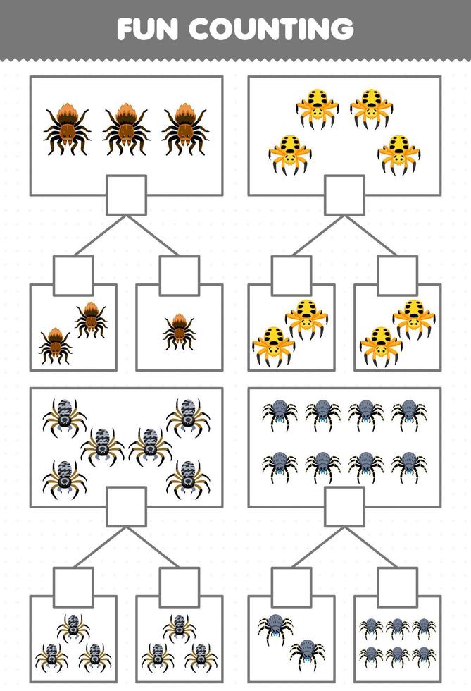 jogo de educação para crianças divertidas contando imagens em cada caixa de planilha de bug para impressão de aranha de desenho animado fofo vetor