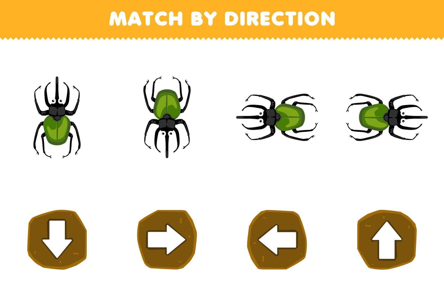 jogo de educação para crianças corresponder por direção esquerda direita para cima ou para baixo orientação da planilha de bug imprimível de besouro de desenho animado fofo vetor