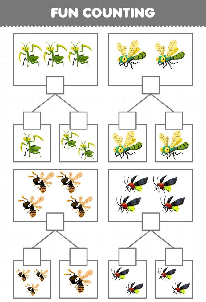 jogo de educação para crianças diversão contando imagens em cada caixa de desenho animado bonito mantis libélula abelha vaga-lume planilha de bug imprimível vetor