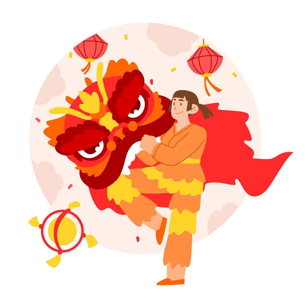 pessoas adultas do ano novo chinês com dança do leão vetor