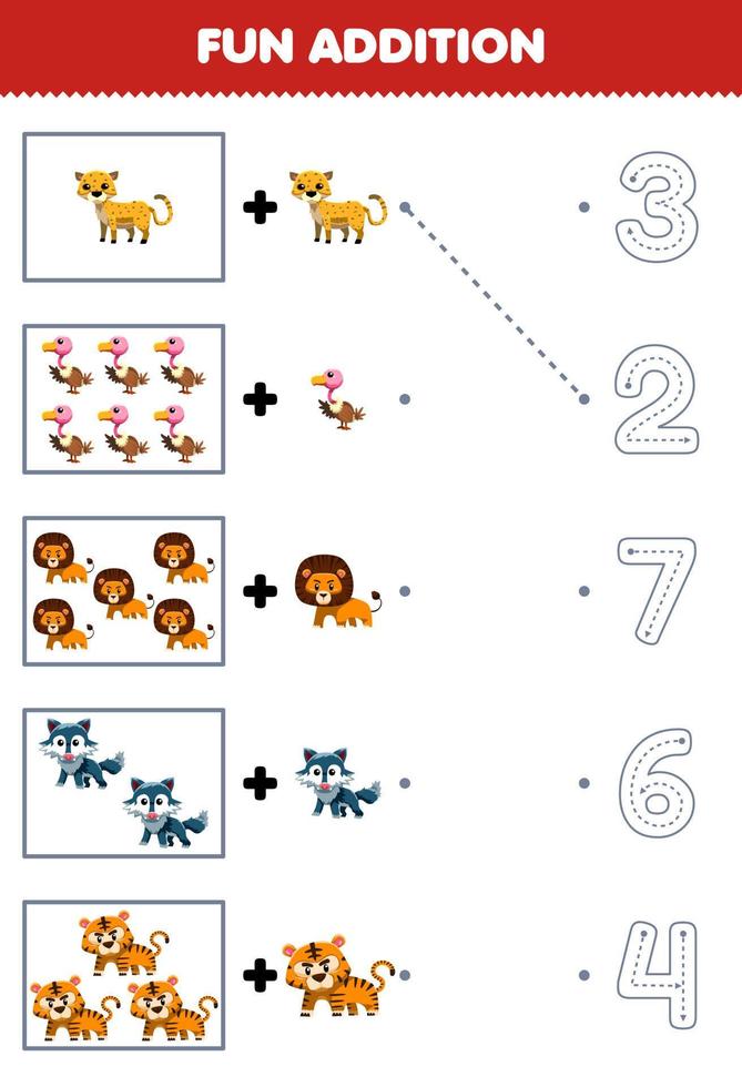 jogo de educação para crianças divertidas contando e adicione mais um animal carnívoro de desenho animado fofo e escolha o número correto traçando a planilha de linha vetor