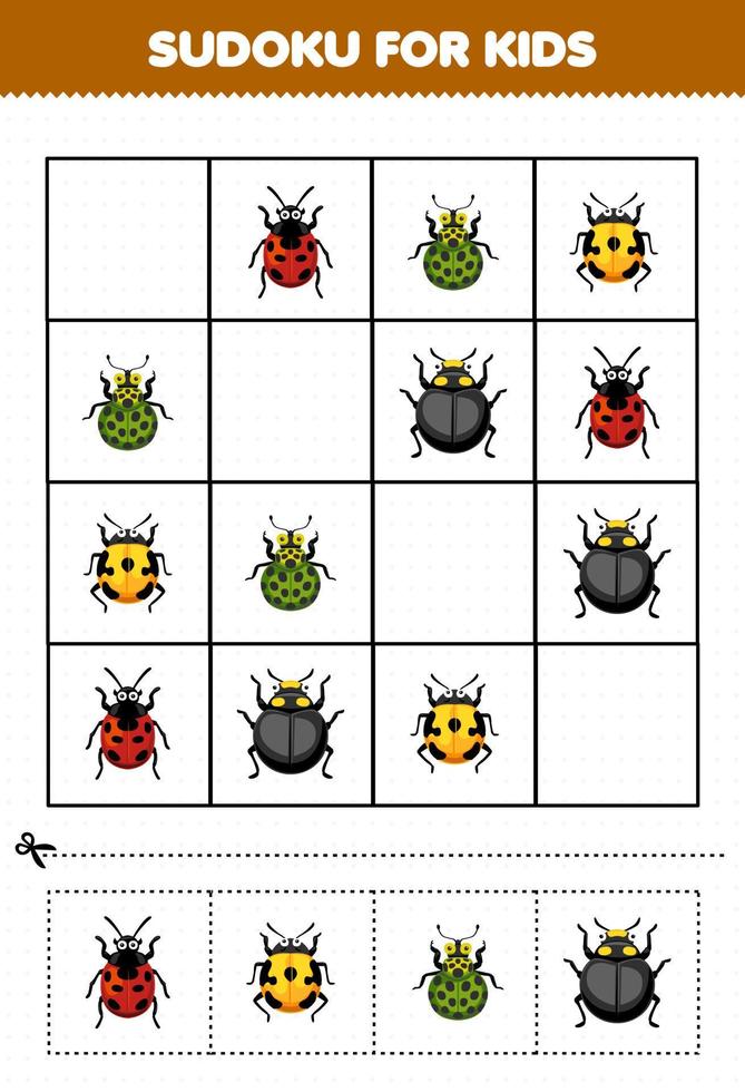 jogo de educação para crianças sudoku para crianças com planilha de bug imprimível de joaninha de desenho bonito vetor