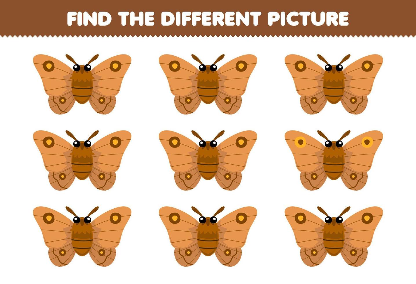jogo de educação para crianças encontrar a imagem diferente da planilha de bug para impressão de mariposa de desenho animado fofo vetor