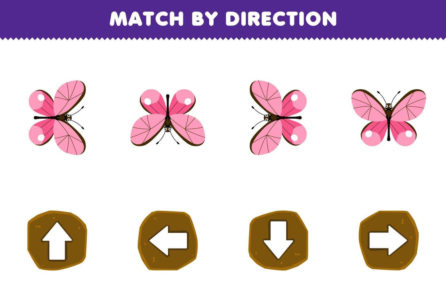 jogo de educação para crianças corresponder por direção esquerda direita para cima ou para baixo orientação da planilha de bug imprimível de borboleta de desenho animado bonito vetor