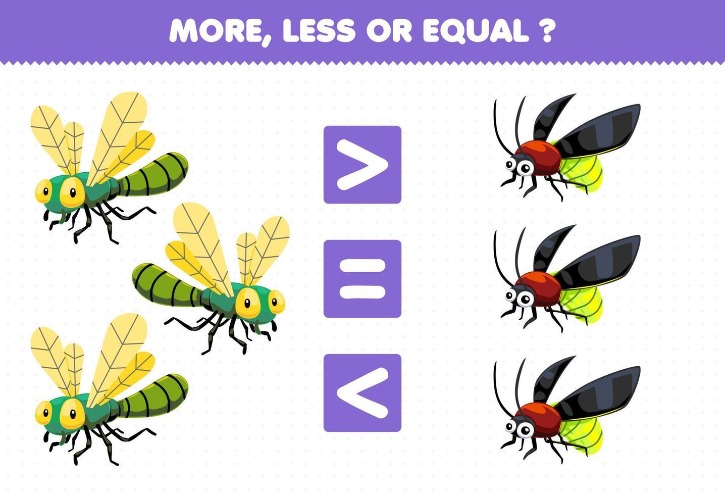 jogo de educação para crianças mais menos ou igual conte a quantidade de libélula de desenho animado fofo e planilha de bug para impressão de vaga-lume vetor