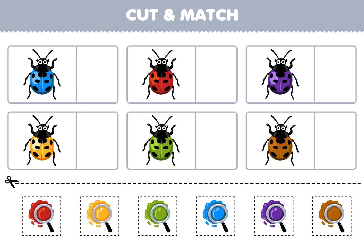 jogo de educação para crianças cortar e combinar a mesma cor da planilha de bug imprimível de joaninha de desenho animado fofo vetor