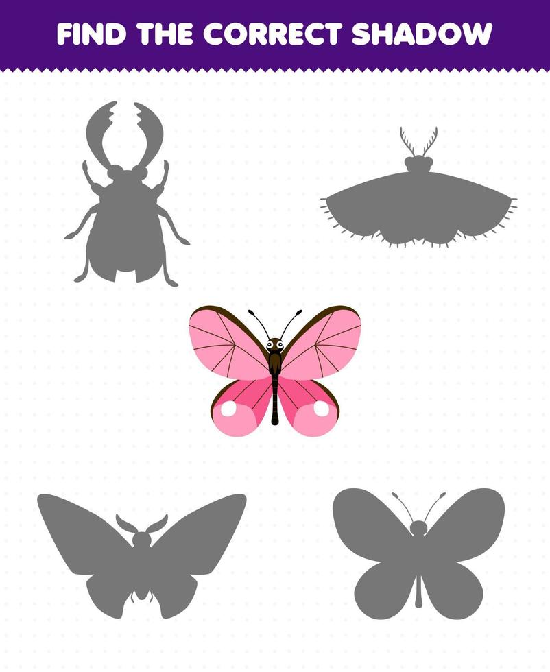 jogo de educação para crianças encontre o conjunto de sombras correto da planilha de bugs para impressão de borboleta de desenho animado fofo vetor