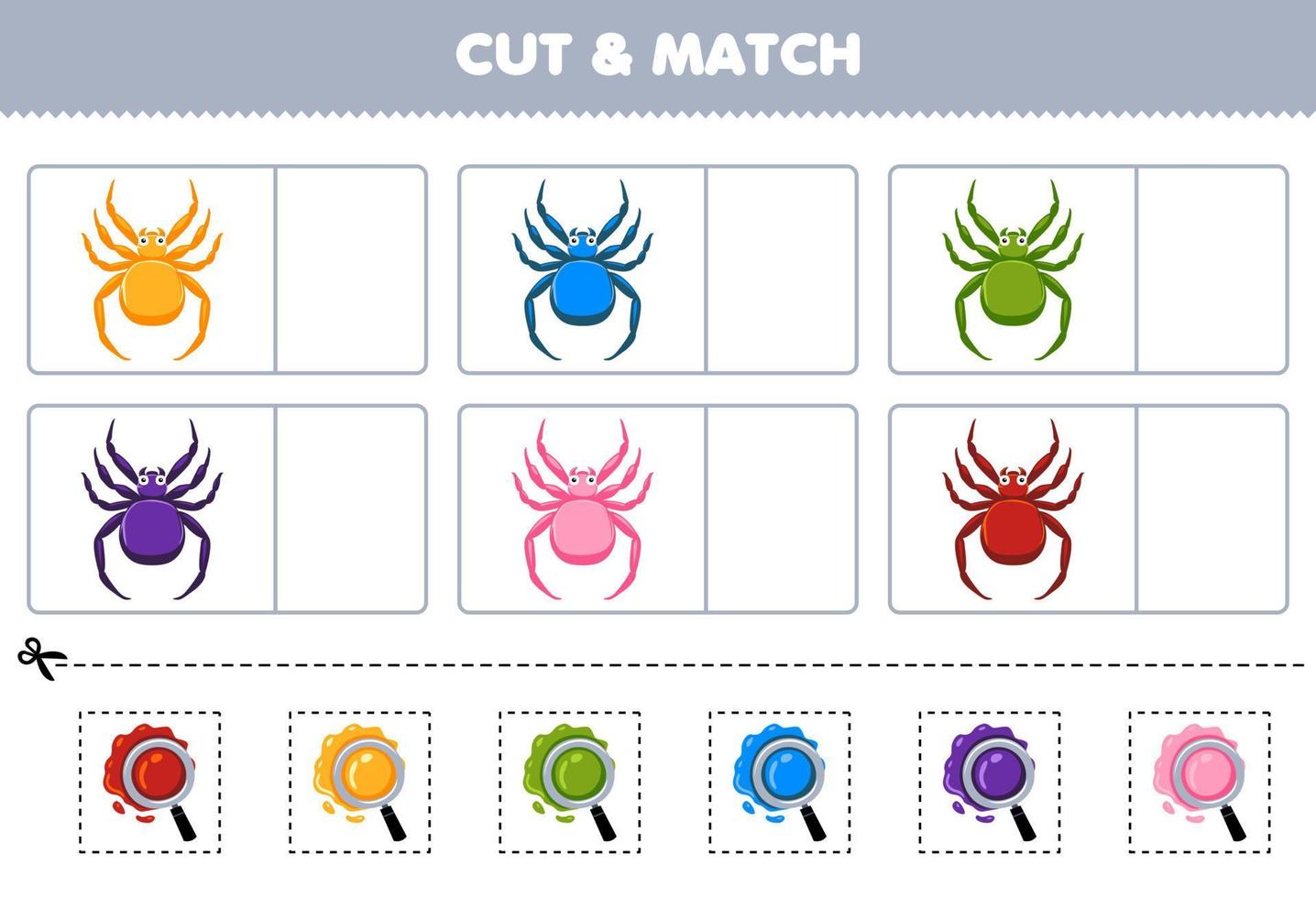 jogo de educação para crianças cortar e combinar a mesma cor da planilha de bug para impressão de aranha de desenho animado fofo vetor