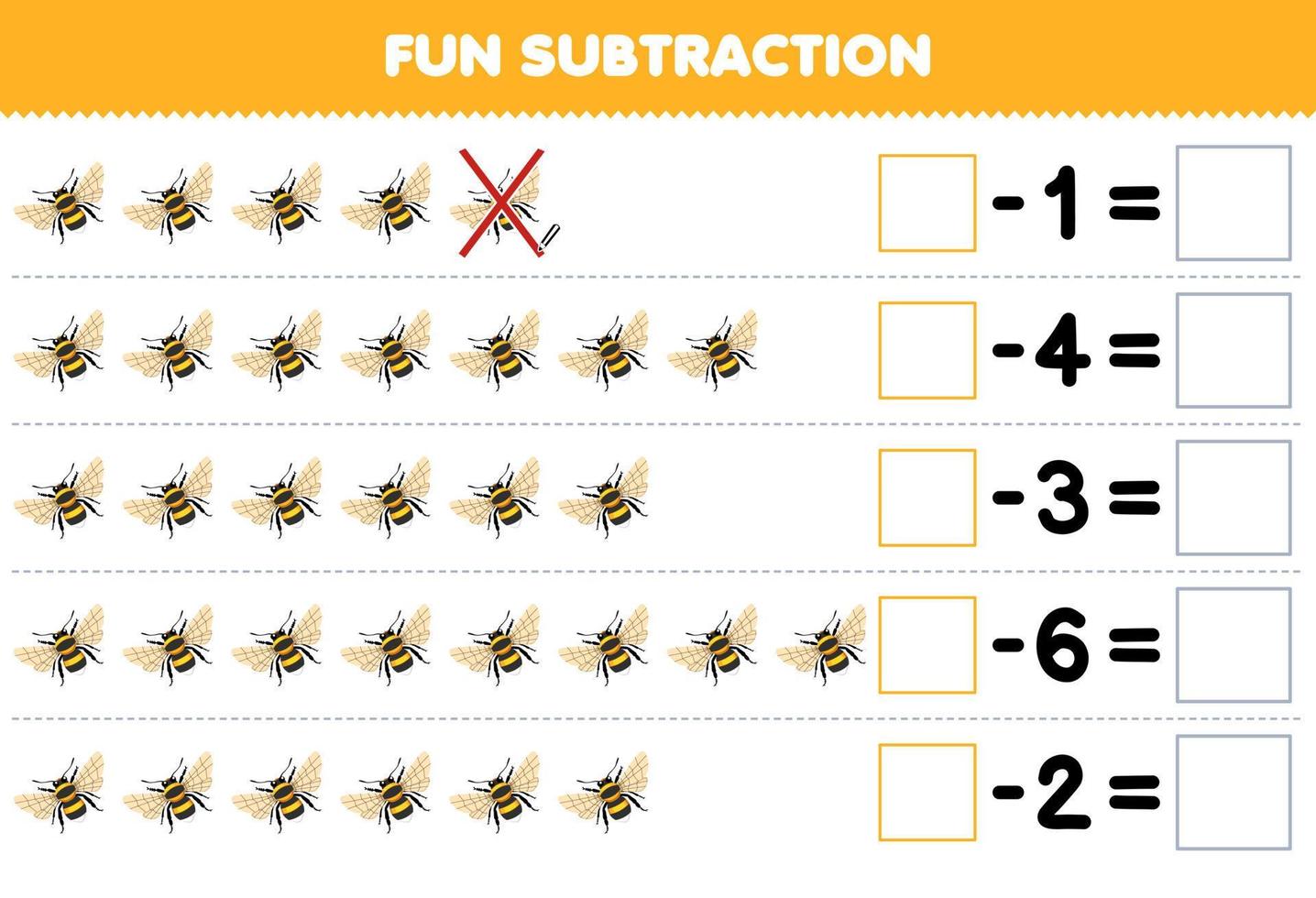 jogo de educação para crianças diversão subtração contando uma abelha de desenho animado em cada linha e eliminando-a planilha de bug imprimível vetor