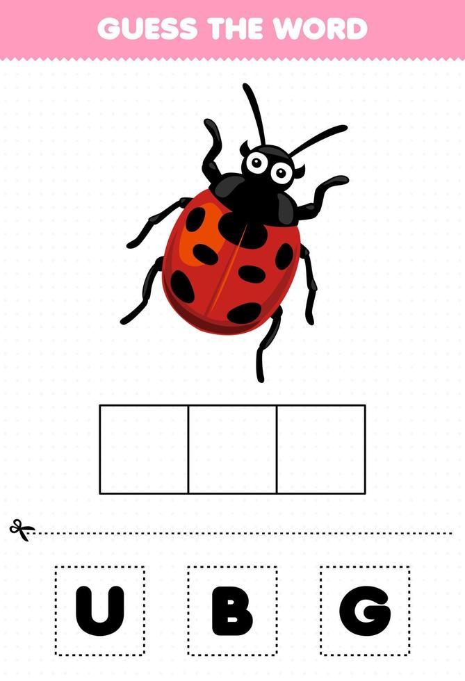 jogo de educação para crianças adivinhar as letras da palavra praticando da planilha de bug imprimível de joaninha de desenho animado fofo vetor