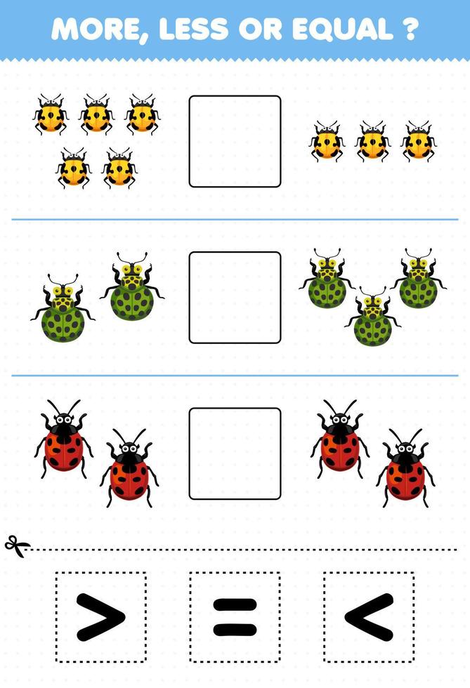 jogo de educação para crianças mais menos ou igual conte a quantidade de joaninha de desenho animado e depois corte e cole a planilha de bug de sinal correto vetor