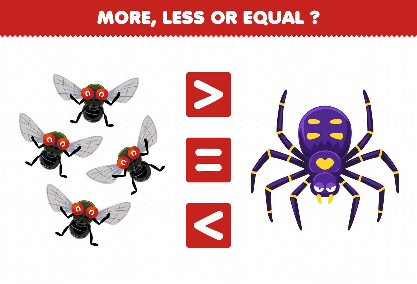jogo de educação para crianças mais menos ou igual conte a quantidade de planilha de insetos para impressão de mosca e aranha de desenho animado fofo vetor