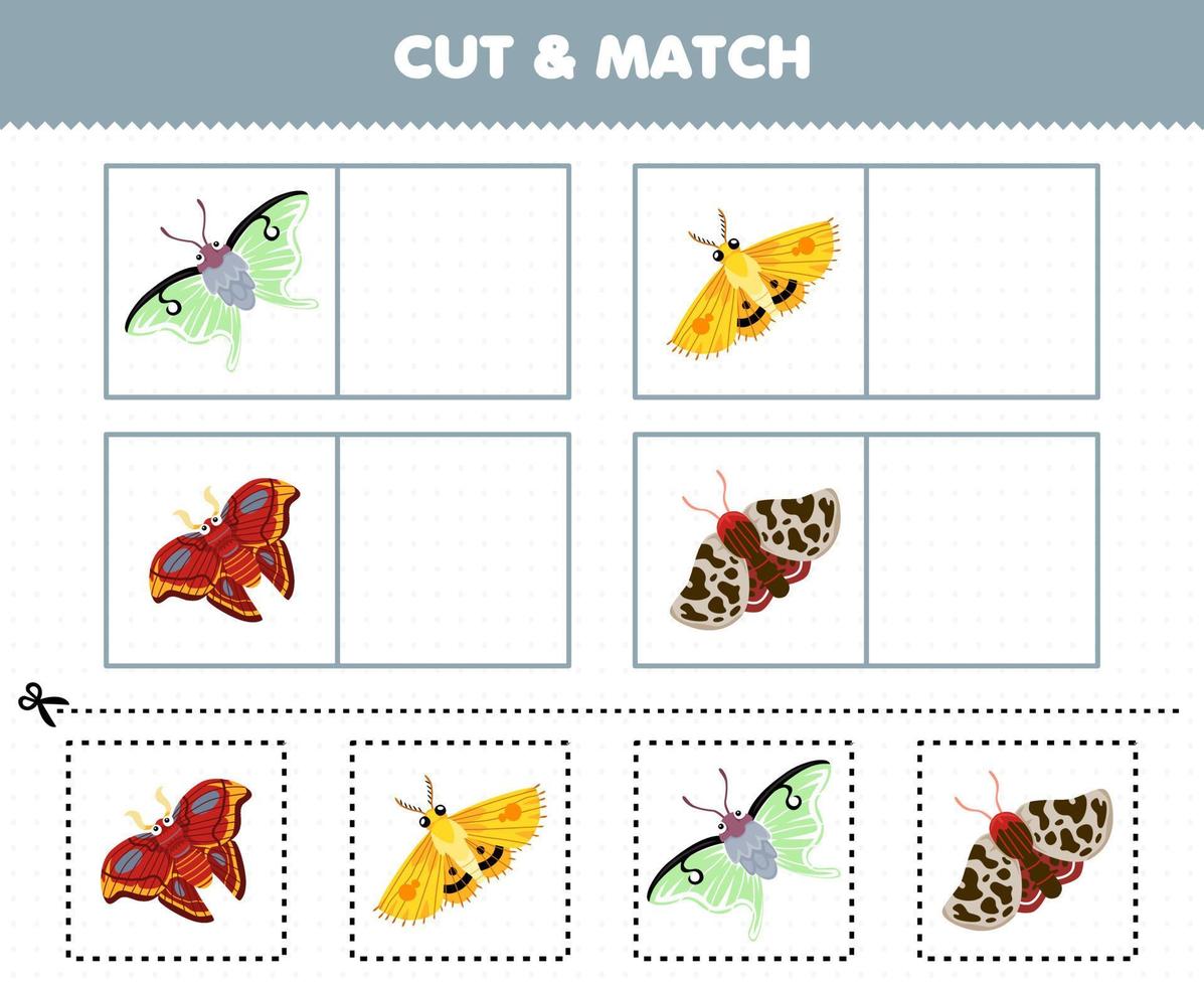 jogo de educação para crianças cortar e combinar a mesma imagem de planilha de bug para impressão de mariposa de desenho animado fofo vetor