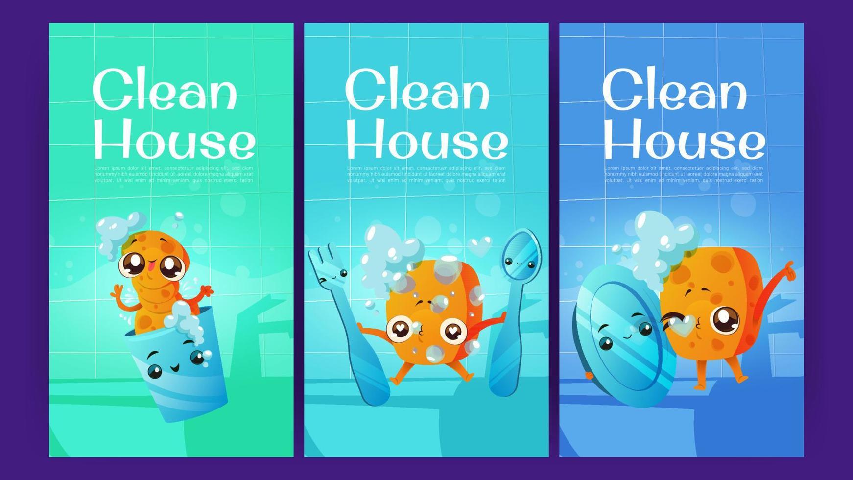 cartazes de desenhos animados de casa limpa com esponjas de limpeza vetor
