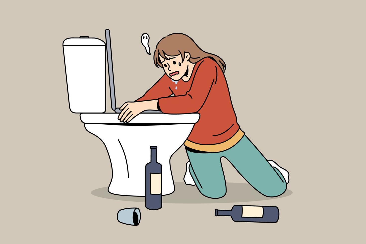 tendo ressaca depois do conceito de festa. personagem de desenho animado jovem sentada de joelhos abraçando o banheiro com garrafas de vinho em pé no chão se sentindo doente ilustração vetorial vetor