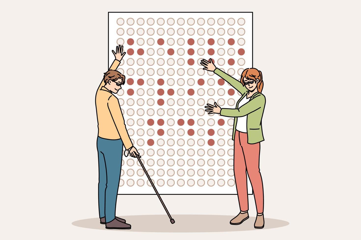 cegos aprendem o alfabeto braille a bordo na escola juntos. homem e mulher se comunicam ler usar símbolos linguagem de sinais. ilustração vetorial plana. vetor