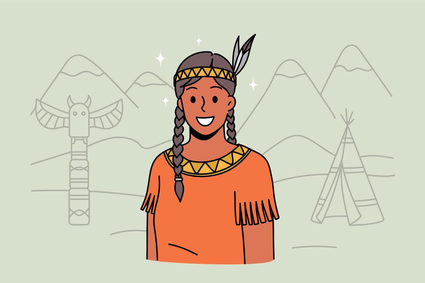 mulher indiana nativa americana em roupas tradicionais nacionais. sorridente jovem indígena com penas no cabelo usam roupas étnicas. cultura e diversidade. ilustração vetorial plana. vetor
