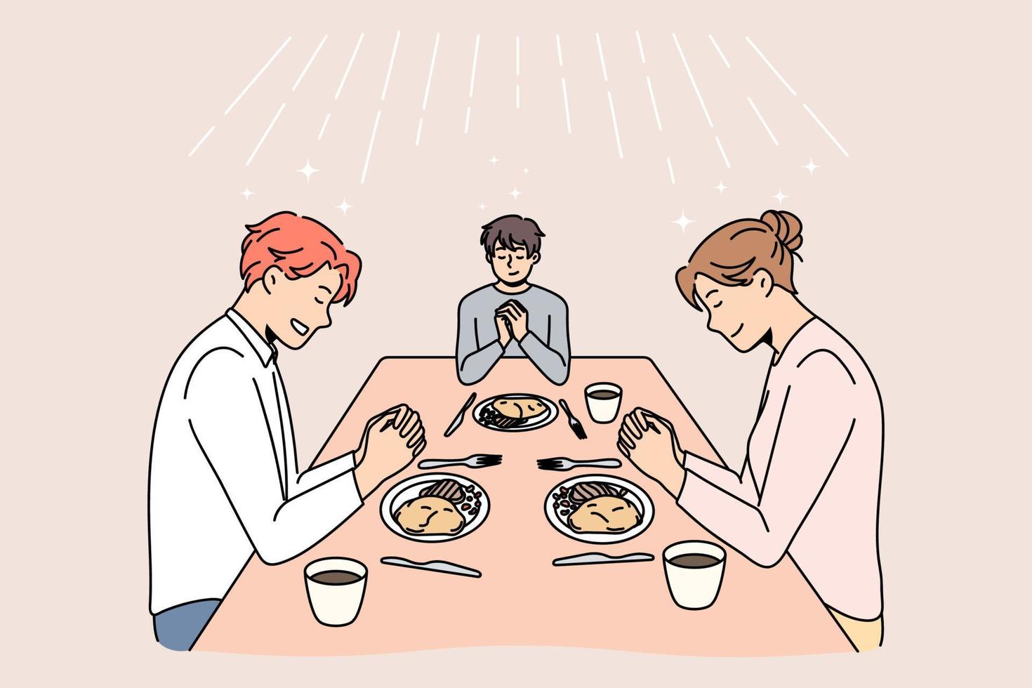 jovem família com criança sentada à mesa reza antes do jantar agradecendo a Deus pela comida. pais religiosos supersticiosos com filho grato agradecido pela refeição. fé, conceito de religião. ilustração vetorial plana. vetor