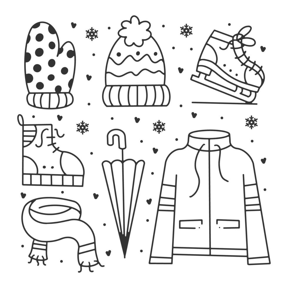 ícones de inverno doodle desenhado à mão para colorir vetor